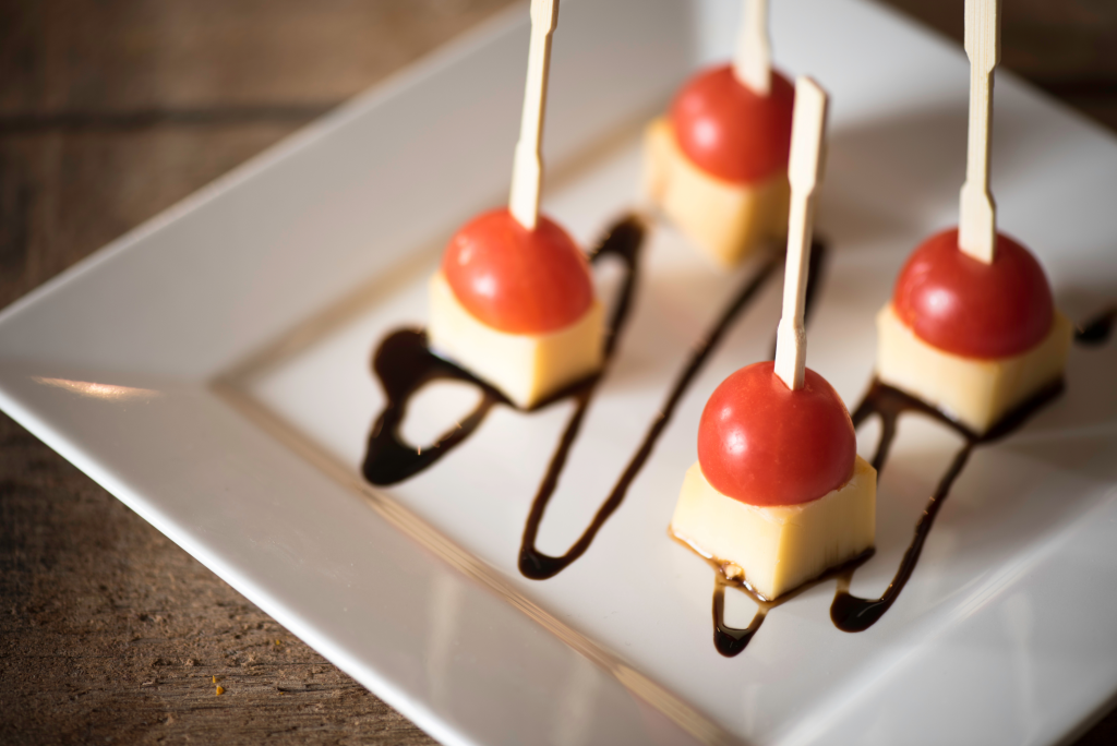 Sticky Balsamic with Smoked Gouda Speared with Cherry Tomato